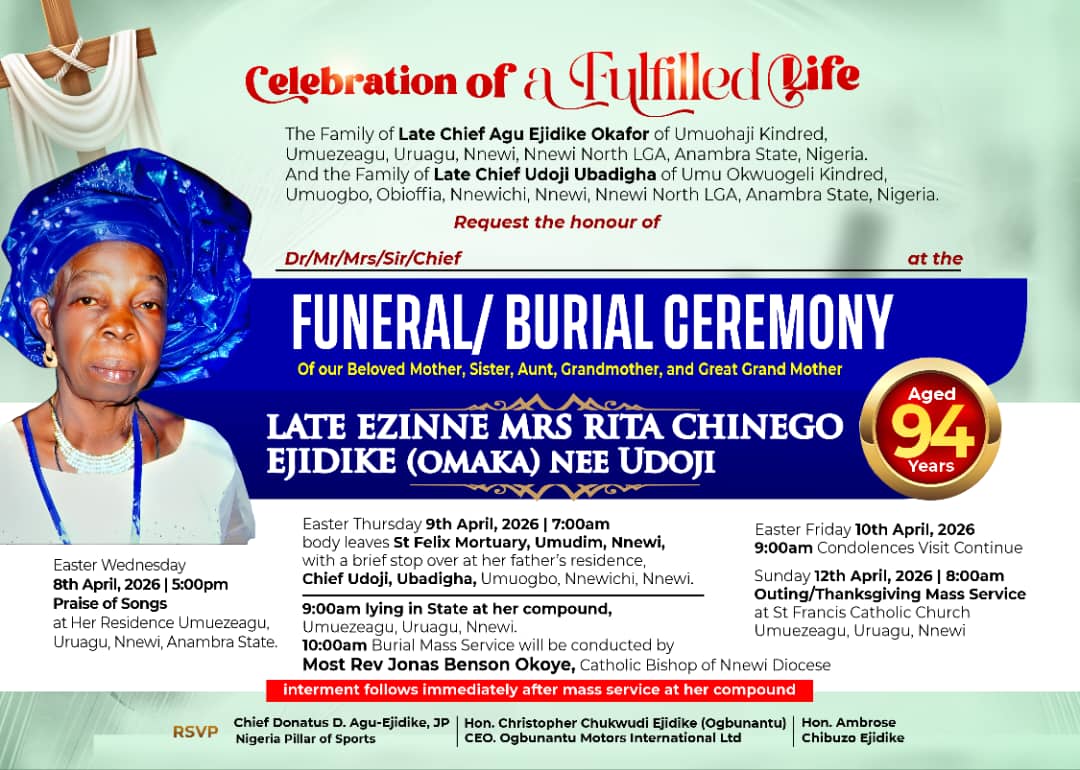 Mother of Nigeria Pillar of Sports, late Mrs Rita Chinego Ejidike to be buried April 9